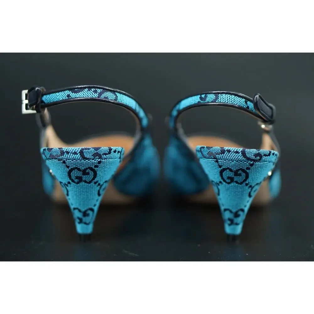 Gucci Charlotte Blue Canvas GG Strap Pointed Toe Slingback Pumps Size 37 $695